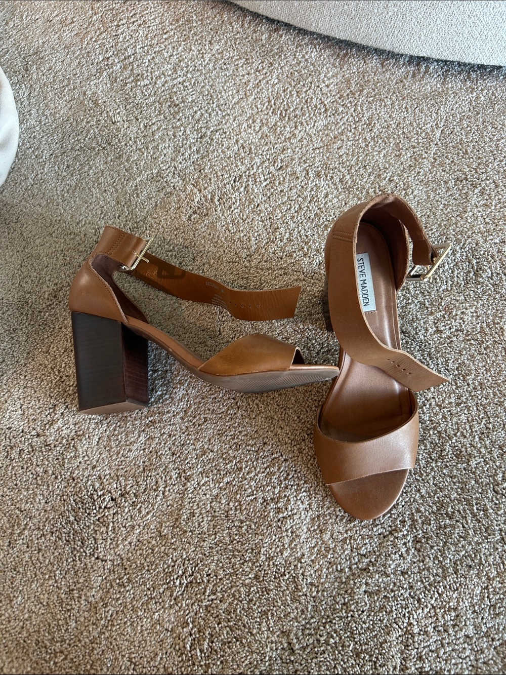 Steve Madden Tan Brown Block Heel Ankle-Strap Sandals